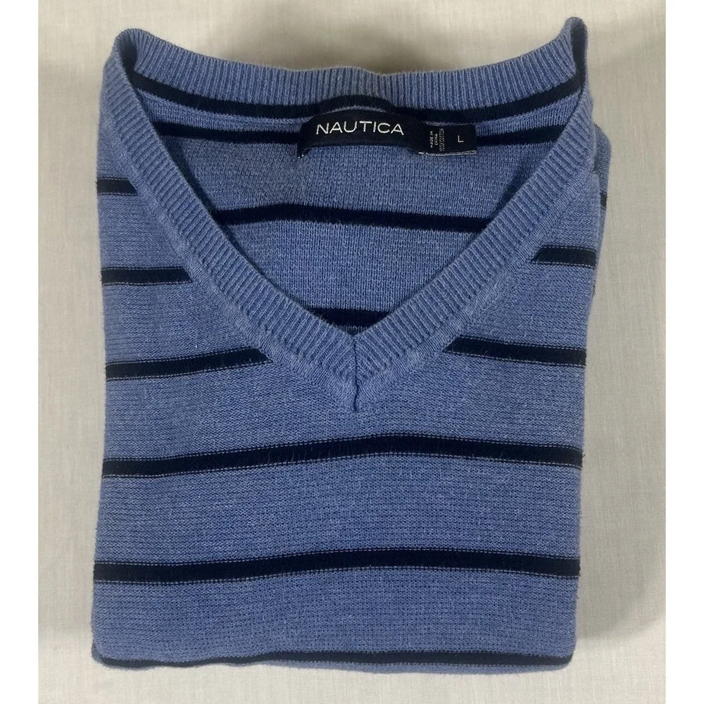 Nautica Mens Large Blue Black Striped V Neck Sweater Cotton Knit Pullover